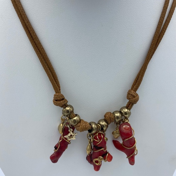 Artisan Red Coral Branch Gold Tone Charm Cord Handcrafted Necklace - Picture 10 of 12